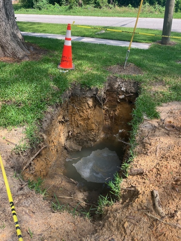 [Ditch with sewer water, 101 E Bartow St., looking north, 2024-05-23]