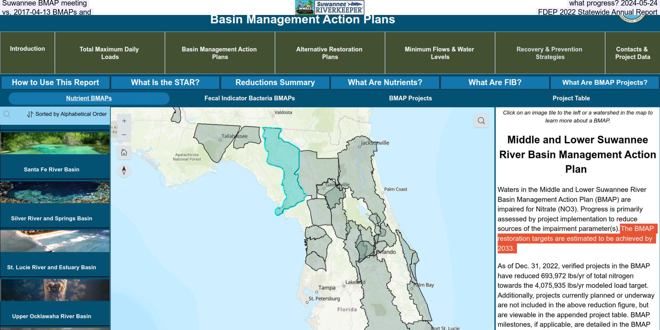 Suwannee BMAP meeting, what progress? 2024-05-24, vs. 2017-04-13 BMAPs and FDEP 2022 Statewide Annual Report