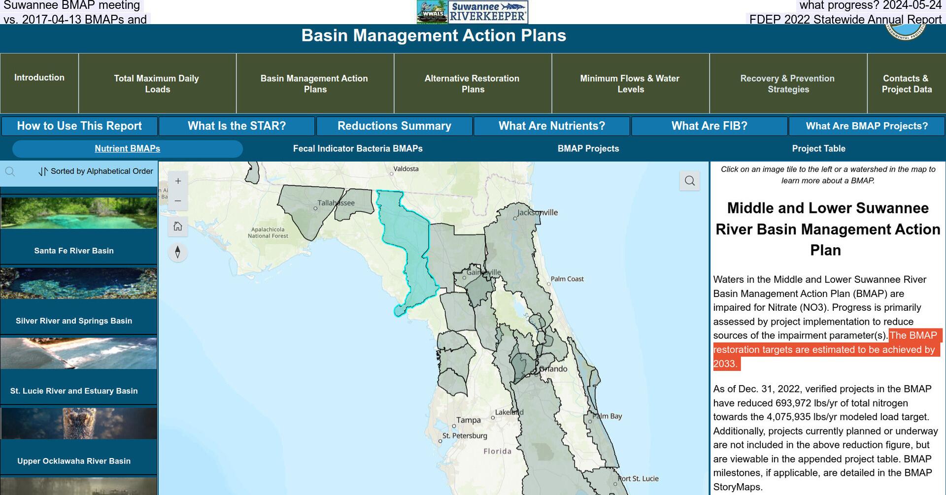 Suwannee BMAP meeting, what progress? 2024-05-24, vs. 2017-04-13 BMAPs and FDEP 2022 Statewide Annual Report