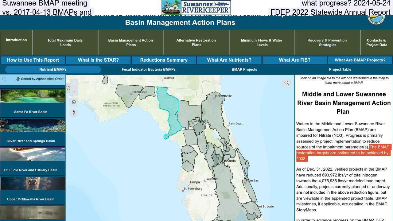 Suwannee BMAP meeting, what progress? 2024-05-24, vs. 2017-04-13 BMAPs and FDEP 2022 Statewide Annual Report