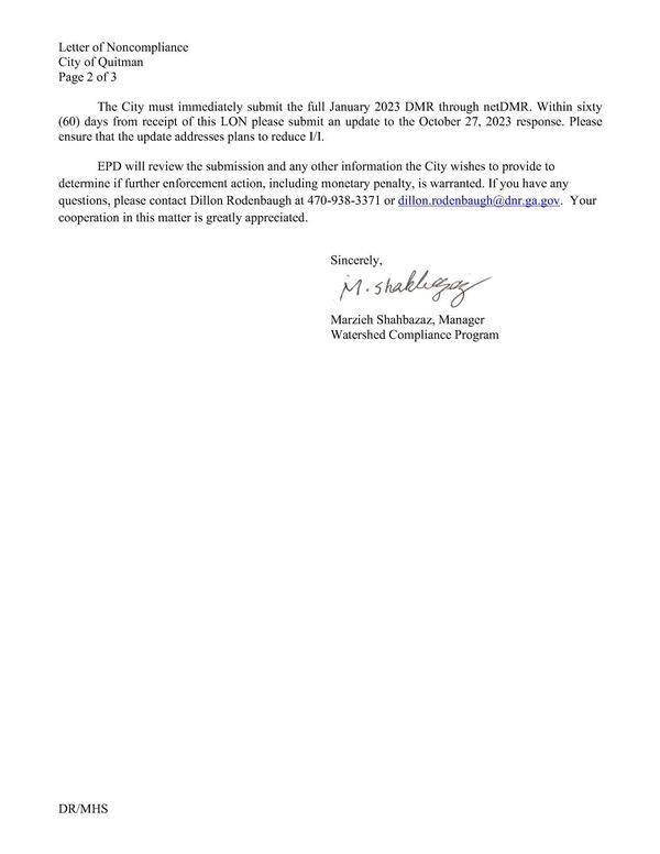 The City must immediately submit the full January 2023 DMR through netDMR. Within sixty (60) days from receipt of this LON please submit an update to the October 27, 2023 response.