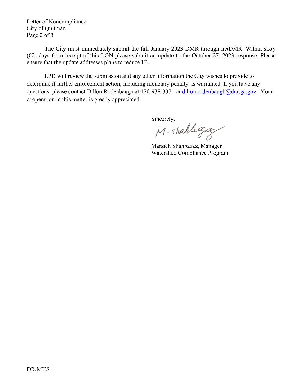 The City must immediately submit the full January 2023 DMR through netDMR. Within sixty (60) days from receipt of this LON please submit an update to the October 27, 2023 response.