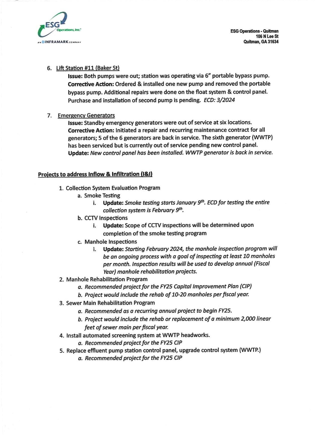 Projects to address Inflow & Infiltration (I&I)