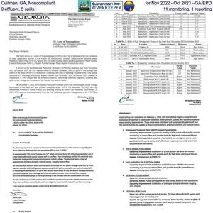 [Quitman, GA, Noncompliant for Nov 2022 - Oct 2023 --GA-EPD, 9 effluent, 5 spills,, 11 monitoring, 1 reporting]