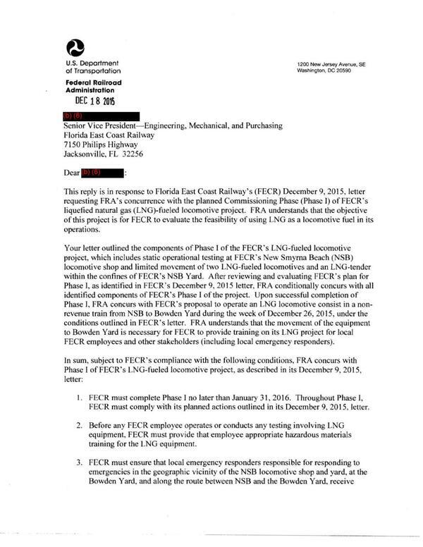 2015-12-18 FRA specifies deadlines and reports for FECR's planned Commissioning Phase (Phase 1) of FECR’s liquefied natural gas (LNG)-fueled locomotive project.