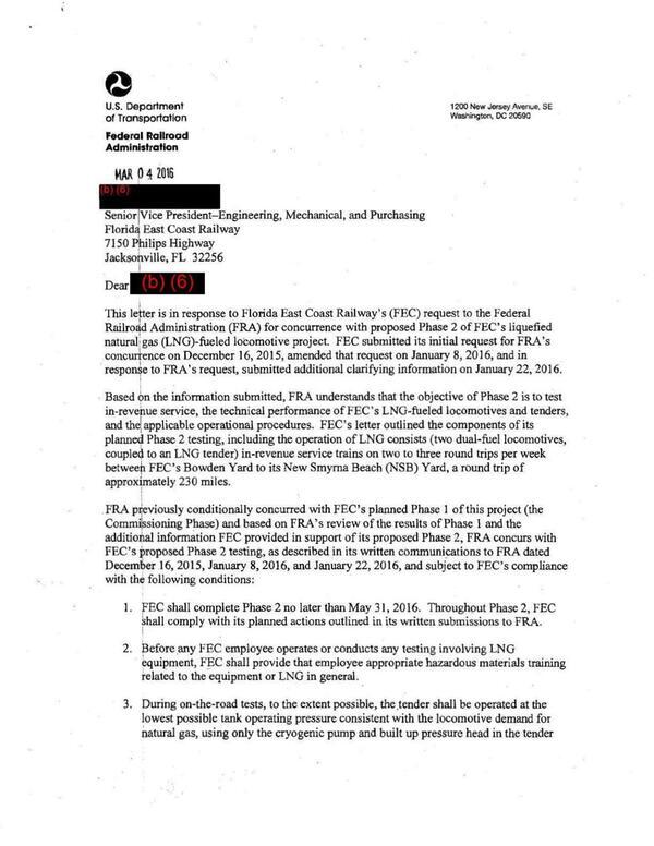 [2016-03-04 FRA concurrence on Phase 2 FECR LNG in-revenue service testing between JAX and New Smyrna Beach]