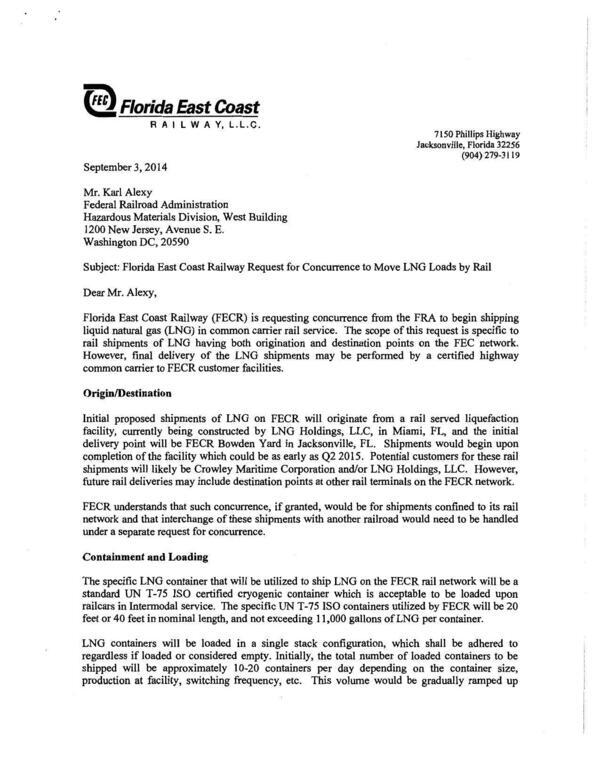 [38 2014-09-03 Florida East Coast Railway Request for Concurrence to Move LNG Loads by Rail]