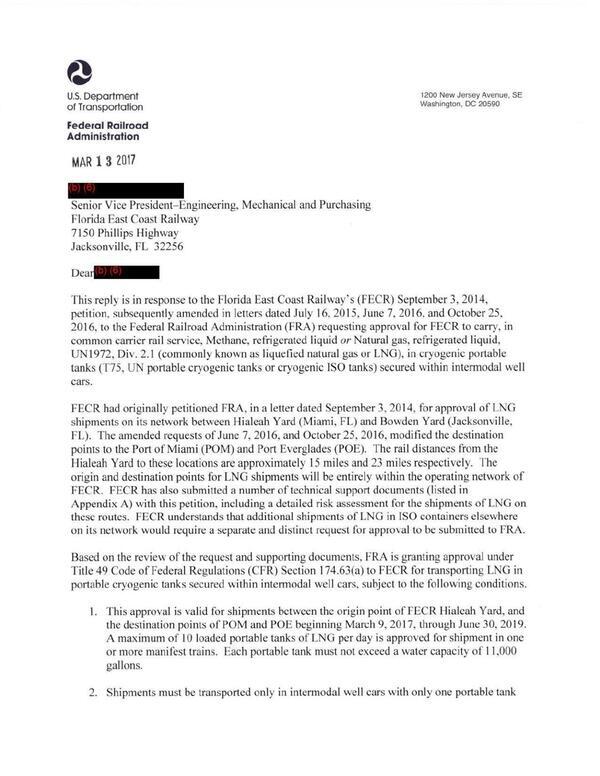 [2017-03-13 FRA is granting approval under Title 49 Code of Federal Regulations (CFR) Section 174.63(a) to FECR for transporting LNG in portable cryogenic tanks secured within intermodal well cars, subject to the following conditions.]