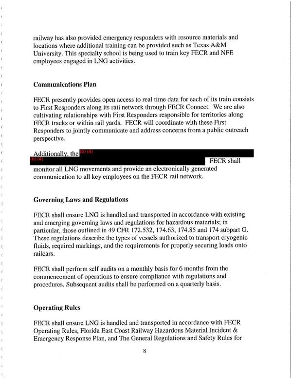 Additionally, the [heavily redacted] FECR shall monitor all LNG movements and provide an electronically generated communication to all key employees on the FECR rail network.