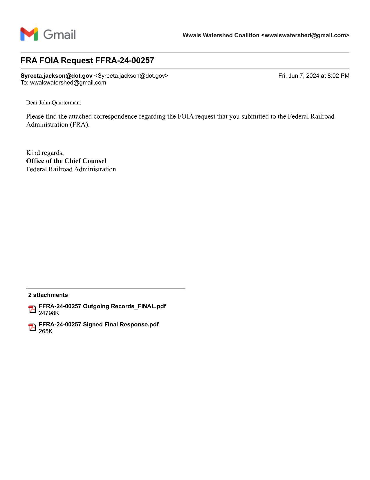 Cover letter for FRA FOIA response