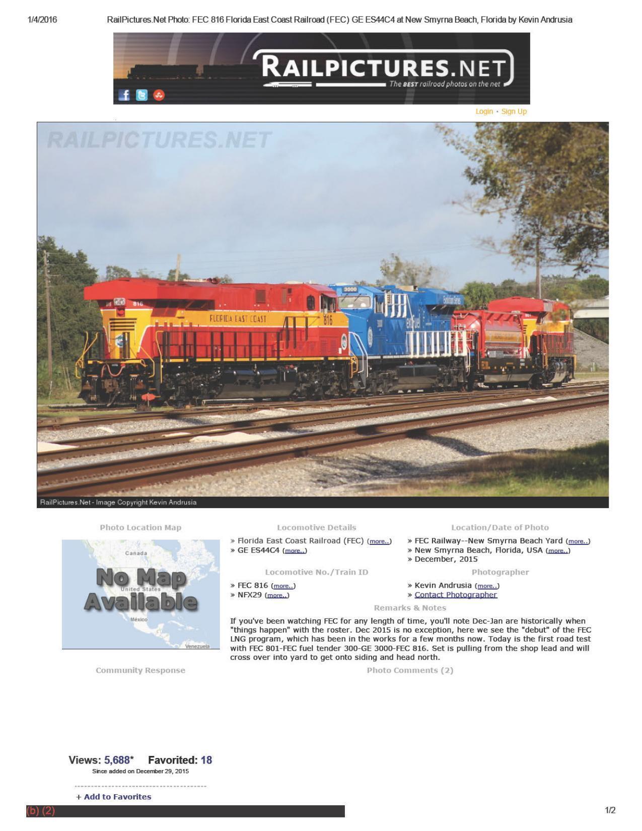 2016-01-04 Florida East Coast Railroad (FECR) picture illustrating debut of FECR LNG program in December 2015.