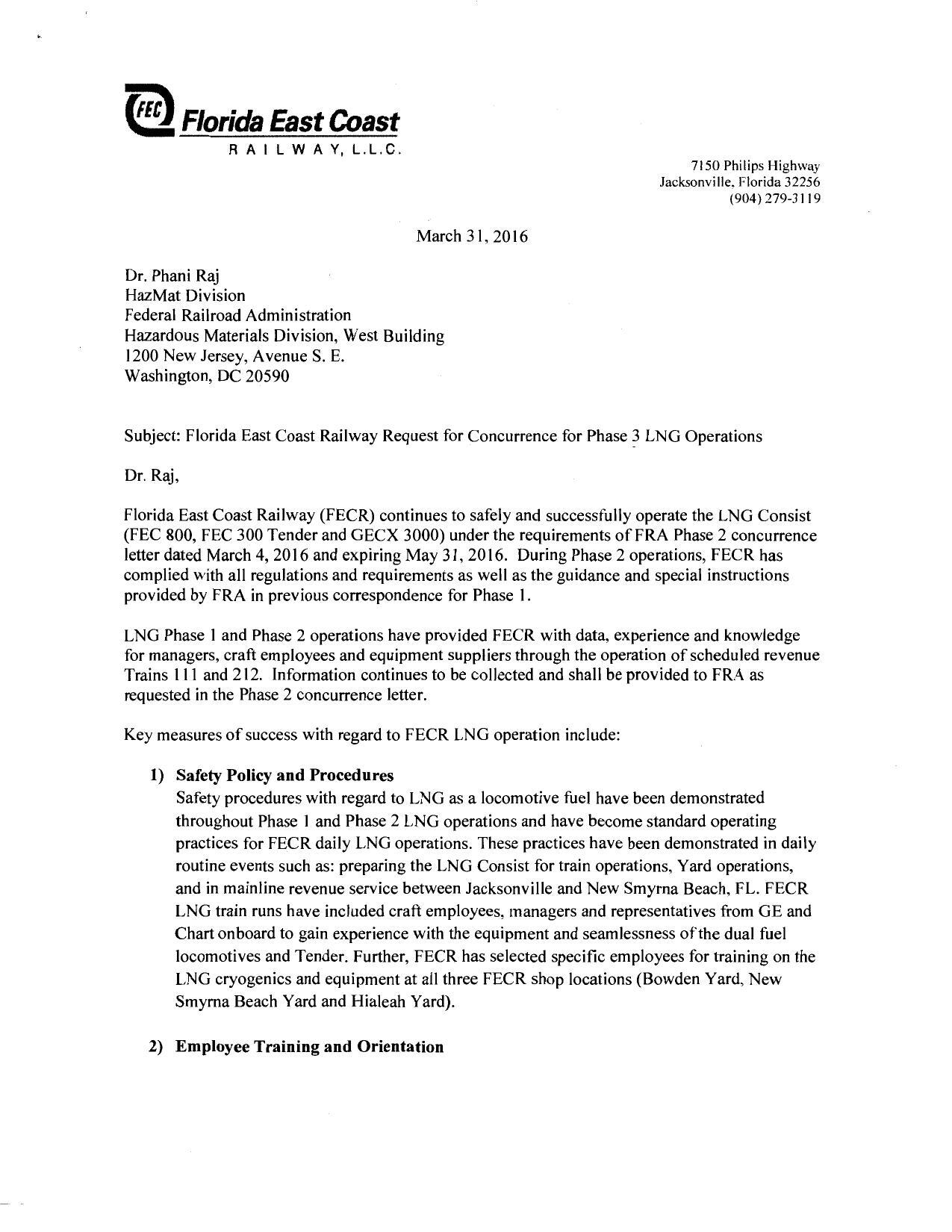 2016-03-31 FECR request for FRA concurrence on Phase 3 FECR LNG Operations