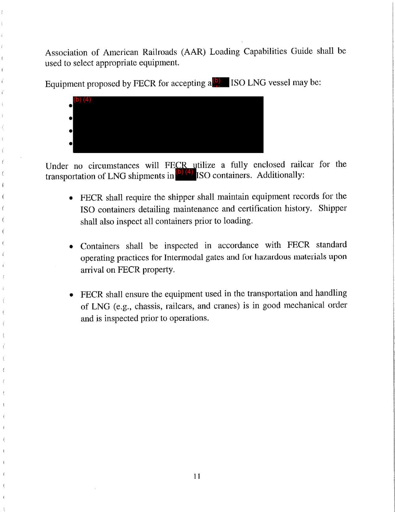 Equipment proposed by FECR for accepting al ISO LNG vessel may be: [four redacted bullet points]