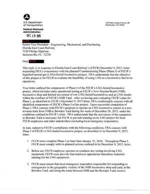 [2015-12-18 FRA specifies deadlines and reports for FECR's planned Commissioning Phase (Phase 1) of FECR’s liquefied natural gas (LNG)-fueled locomotive project.]