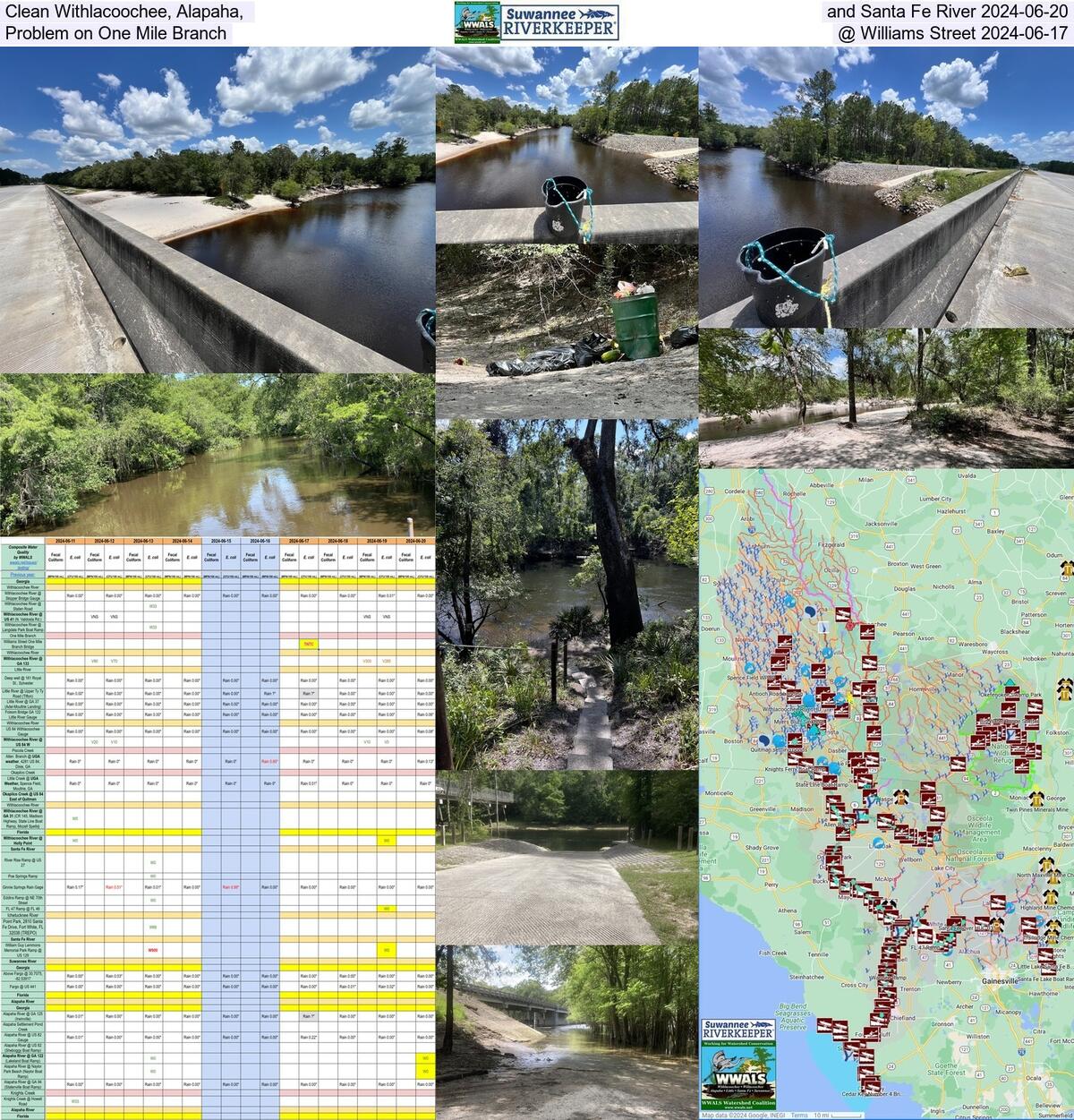 [Clean Withlacoochee, Alapaha, and Santa Fe River 2024-06-20; Problem on One Mile Branch @ Williams Street 2024-06-17]