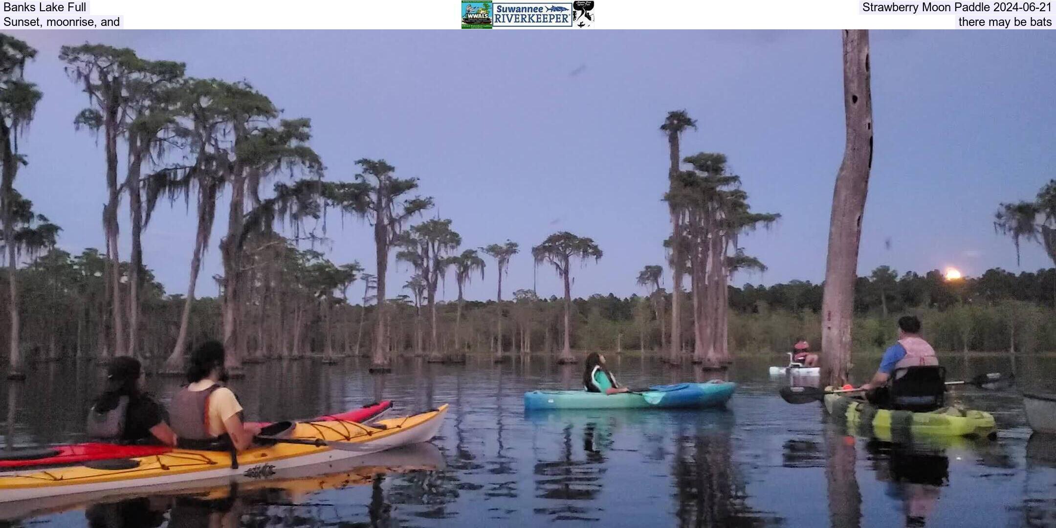 Banks Lake Full, Strawberry Moon Paddle 2024-06-21, Sunset, moonrise, and there may be bats