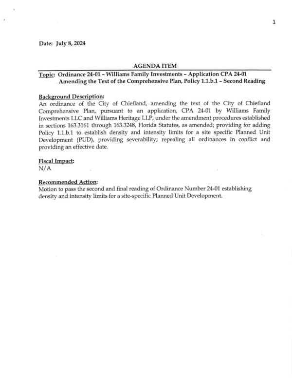 [V.A. Topic: Ordinance 24-01 - Williams Family Investments - Application CPA 24-01; Amending the Text of the Comprehensive Plan, Policy 1.1.b.1 - Second Reading]