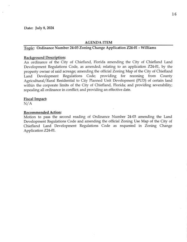 [V.C. Topic: Ordinance Number 24-03 Zoning Change Application Z24-01 - Williams]