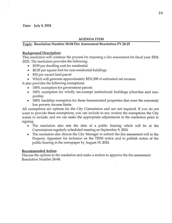 [V.D. Topic: Resolution Number 24-04 Fire Assessment Resolution FY 24-25]