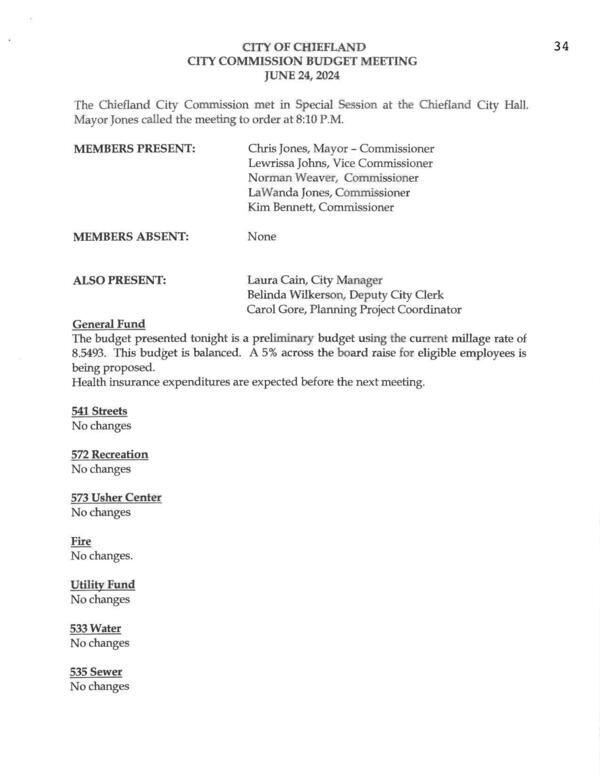 [XIII. Minutes, CITY OF CHIEFLAND BUDGET MEETING, JUNE 24, 2024; preliminary budget with current millage rate 8.5493]