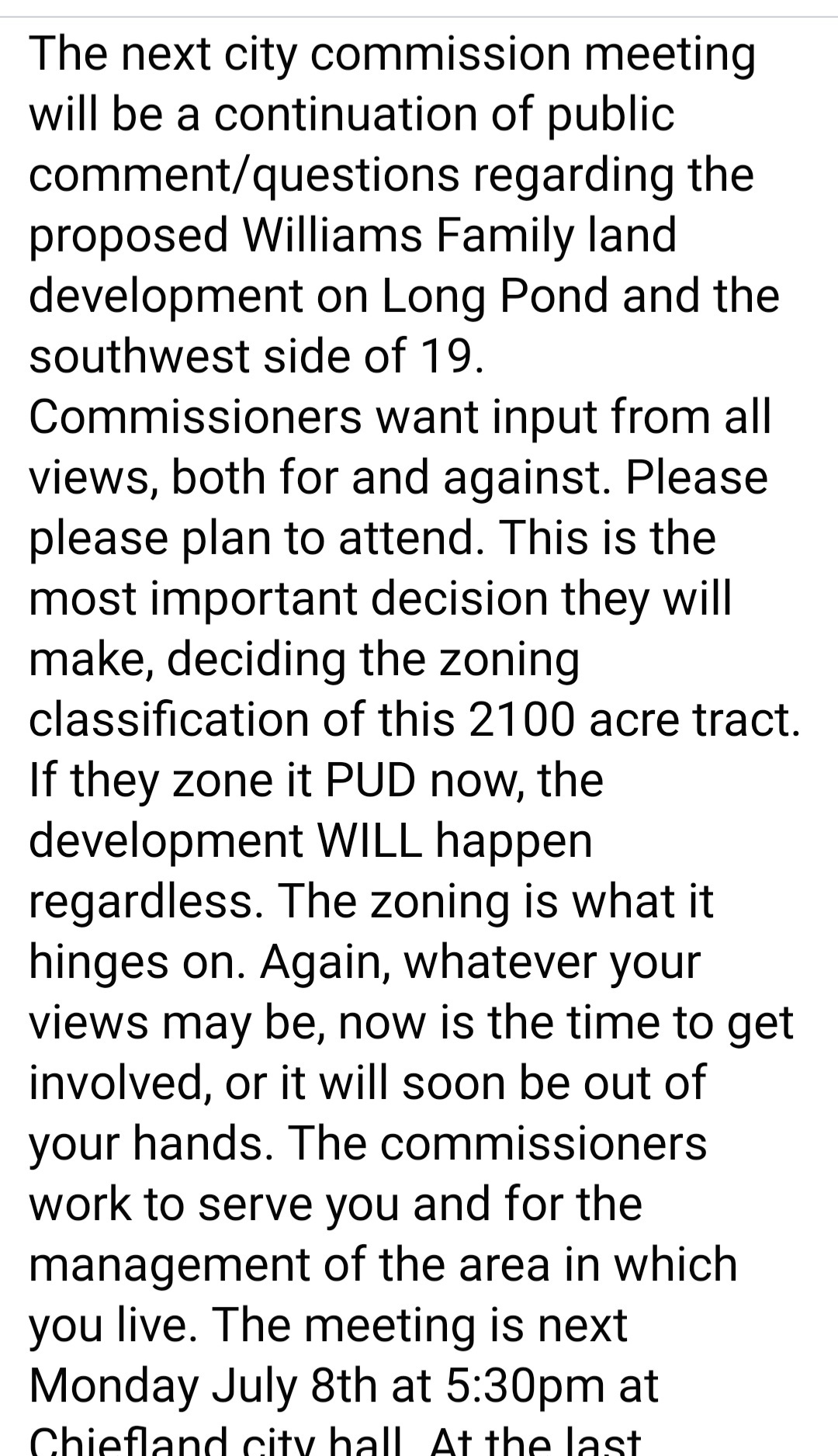 Screenshot of warning about City of Chiefland meeting