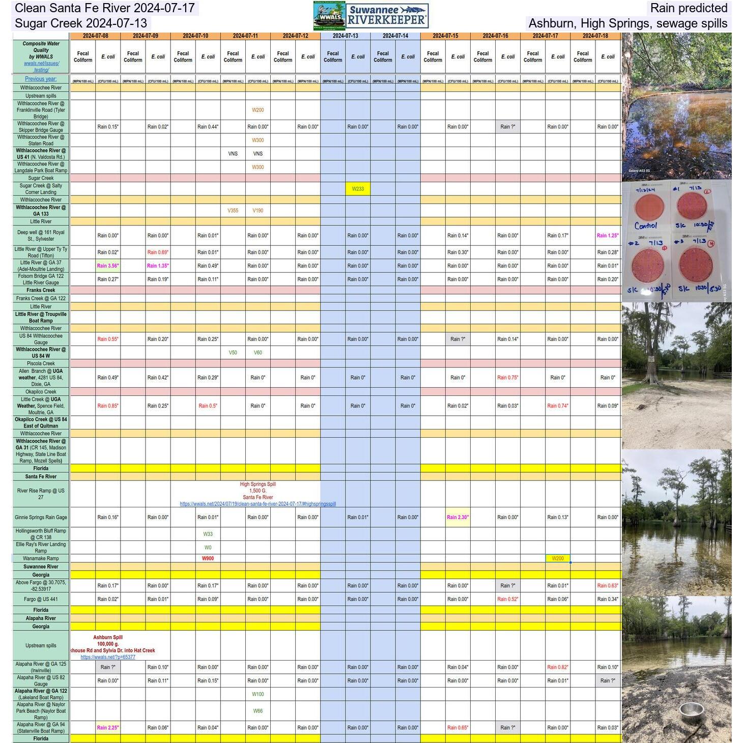 Clean Santa Fe River 2024-07-17, Sugar Creek 2024-07-13, Old Ashburn, High Springs, sewage spills, Rain predicted