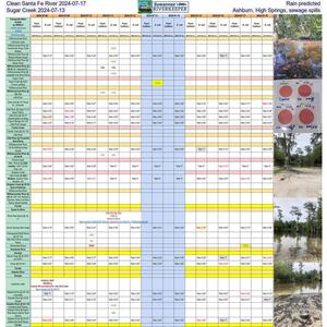 [Clean Santa Fe River 2024-07-17, Sugar Creek 2024-07-13, Old Ashburn, High Springs, sewage spills, Rain predicted]