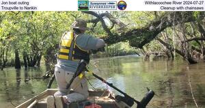 [Jon boat outing, Withlacoochee River 2024-07-27, Troupville to Nankin, Cleanup with chainsaws]