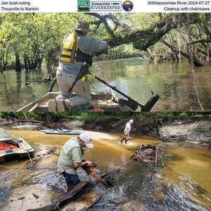 [Jon boat outing, Withlacoochee River 2024-07-27, Troupville to Nankin, Cleanup with chainsaws]