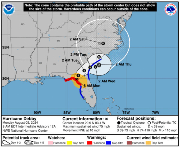 [Path prediction, Hurricane Debby, 8 AM 2024-08-04]