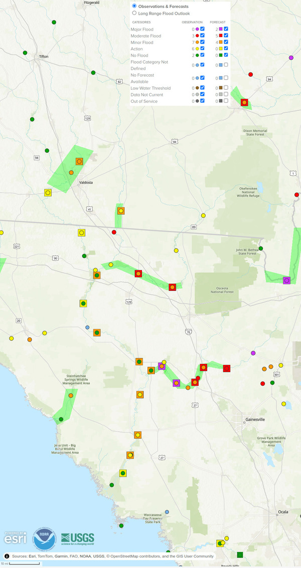 [Map: NOAA river gauges in the Suwannee River Basin 2024-08-07]