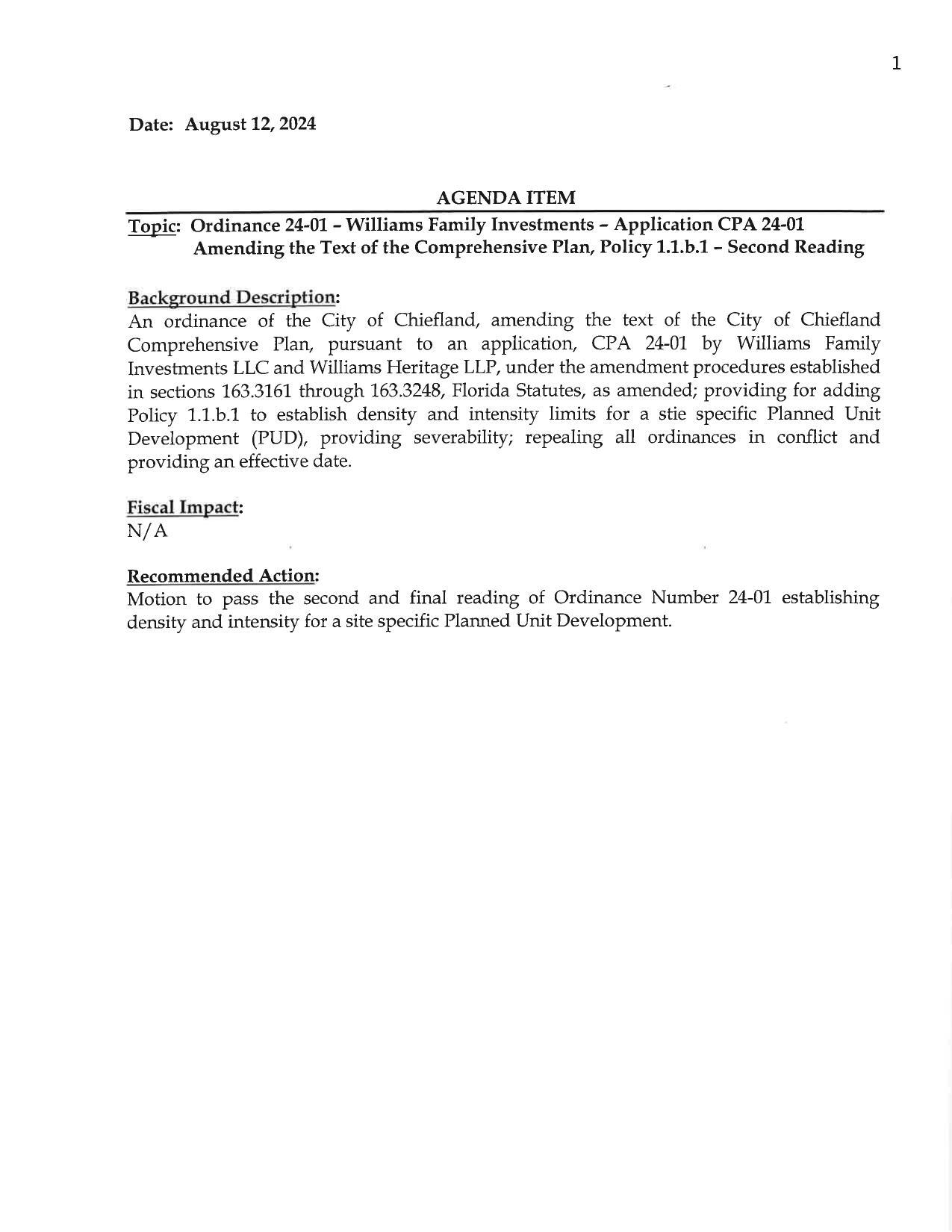 Topic: Ordinance 24-01 - Williams Family Investments - Application CPA 24-01 Amending the Text of the Comprehensive Plan, Policy 1.1.b.1 - Second Reading