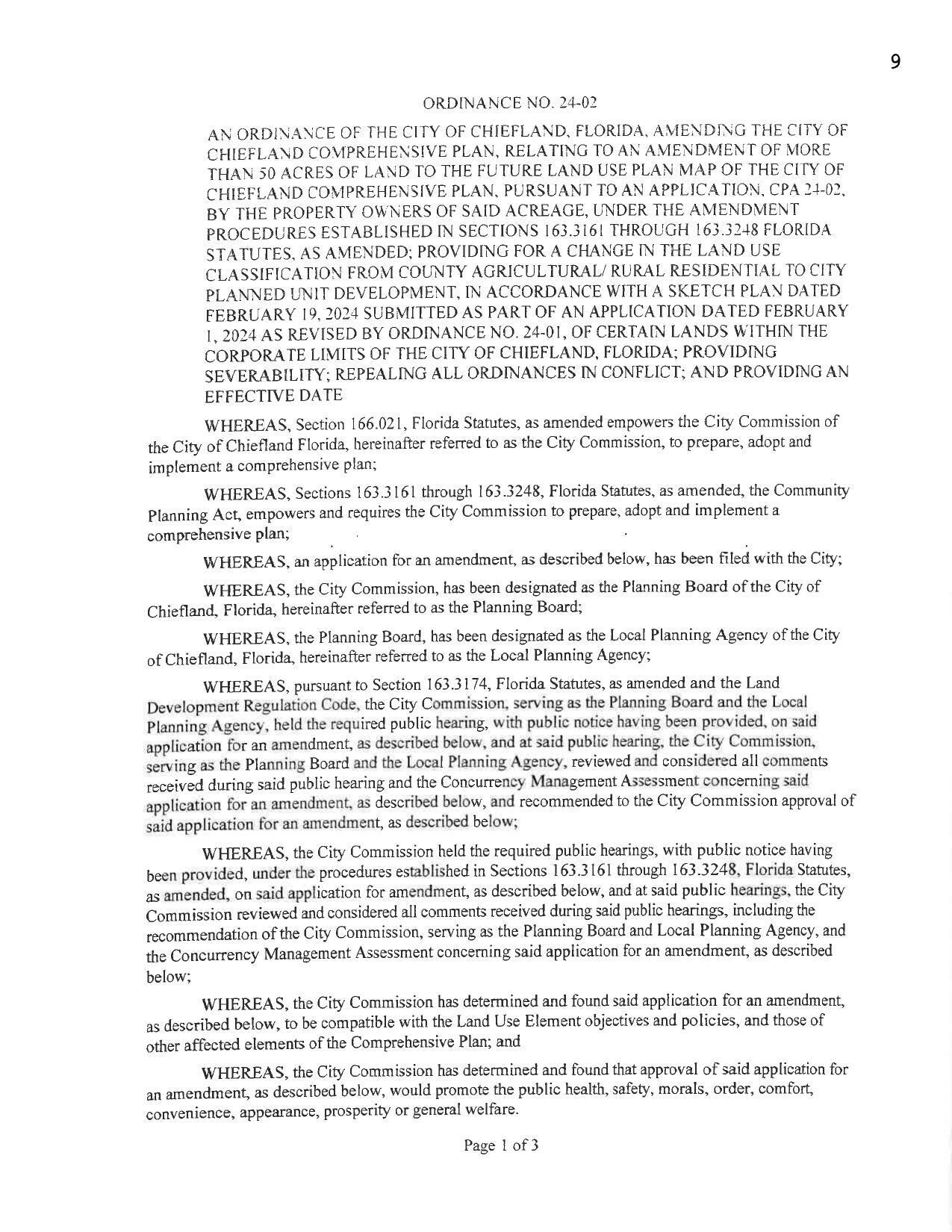 ORDINANCE NO. 24-02 ...PROVIDING FOR A CHANGE IN THE LAND USE CLASSIFICATION FROM COUNTY AGRICULTURAL/ RURAL RESIDENTIAL TO CITY PLANNED UNIT DEVELOPMENT...