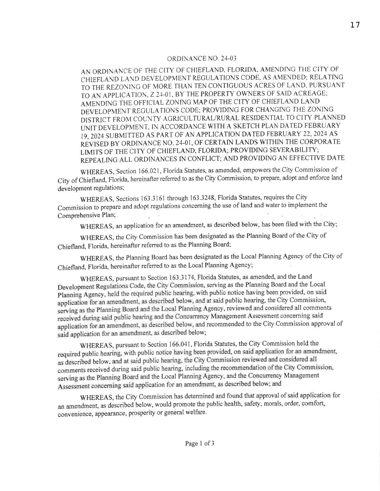 ORDINANCE NO. 24-03 ...PROVIDING FOR CHANGING THE ZONING DISTRICT FROM COUNTY AGRICULTURAL/RURAL RESIDENTIAL TO CITY PLANNED UNIT DEVELOPMENT...