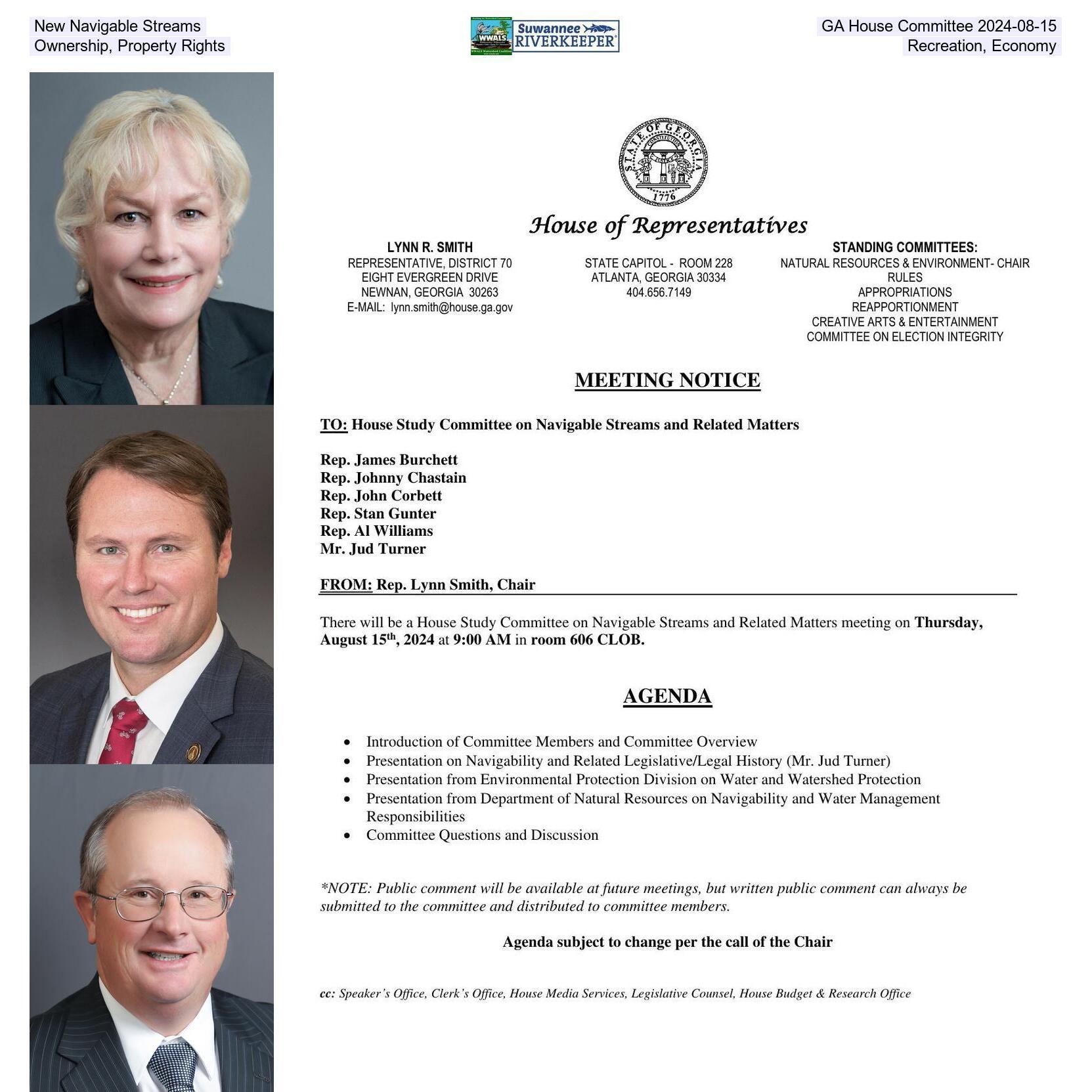 New Navigable Streams Georgia House Studay Committee 2024-08-15: Ownership, Property Rights, Recreation, Economy