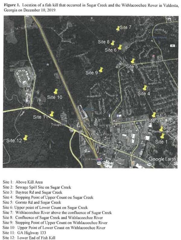 [Figure 1. Location ... fish kill ... Sugar Creek ... Withlacoochee Rover 2019-12-10]