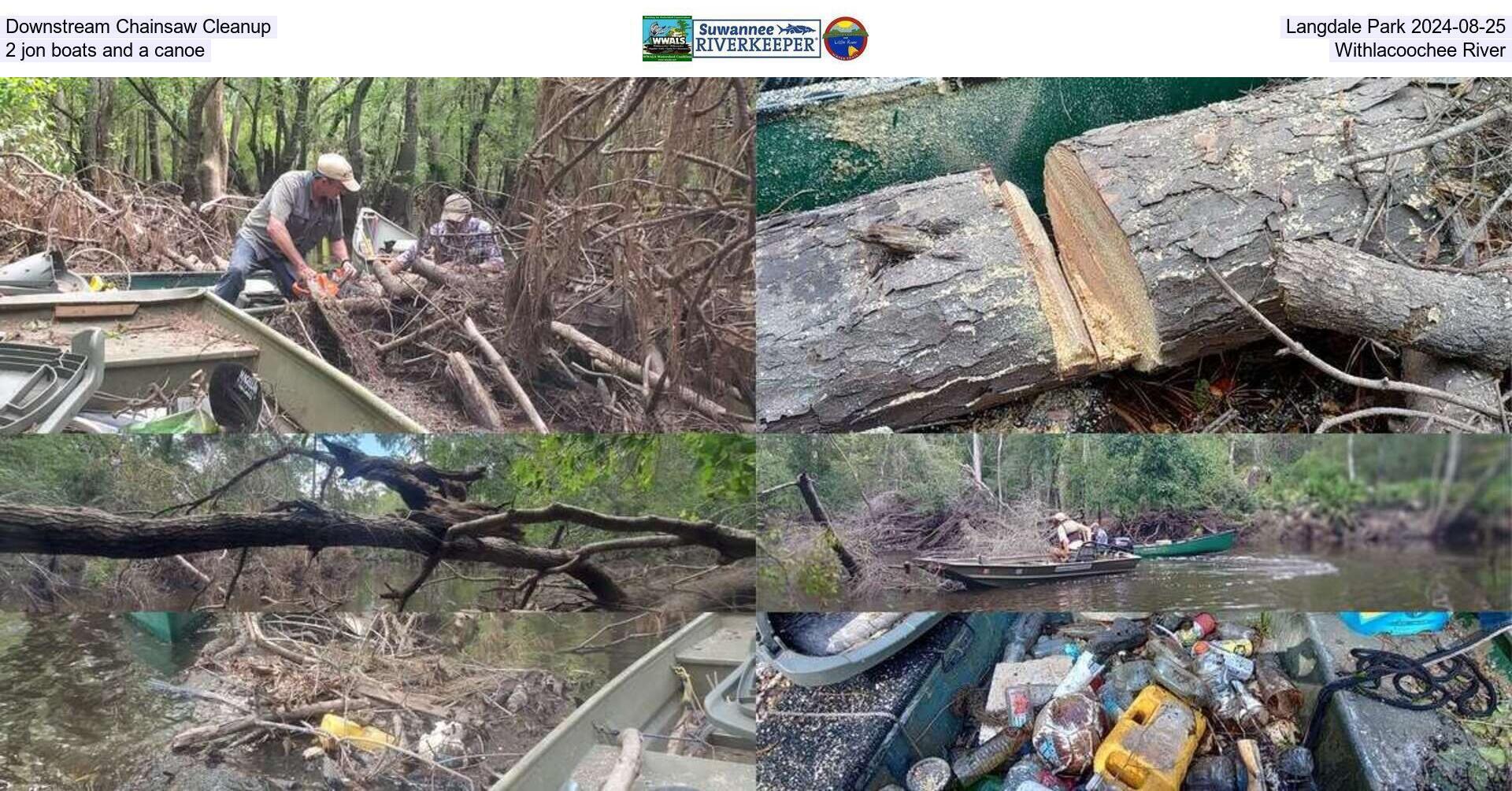 Downstream Chainsaw Cleanup, Langdale Park 2024-08-25, 2 jon boats and a canoe, Withlacoochee River