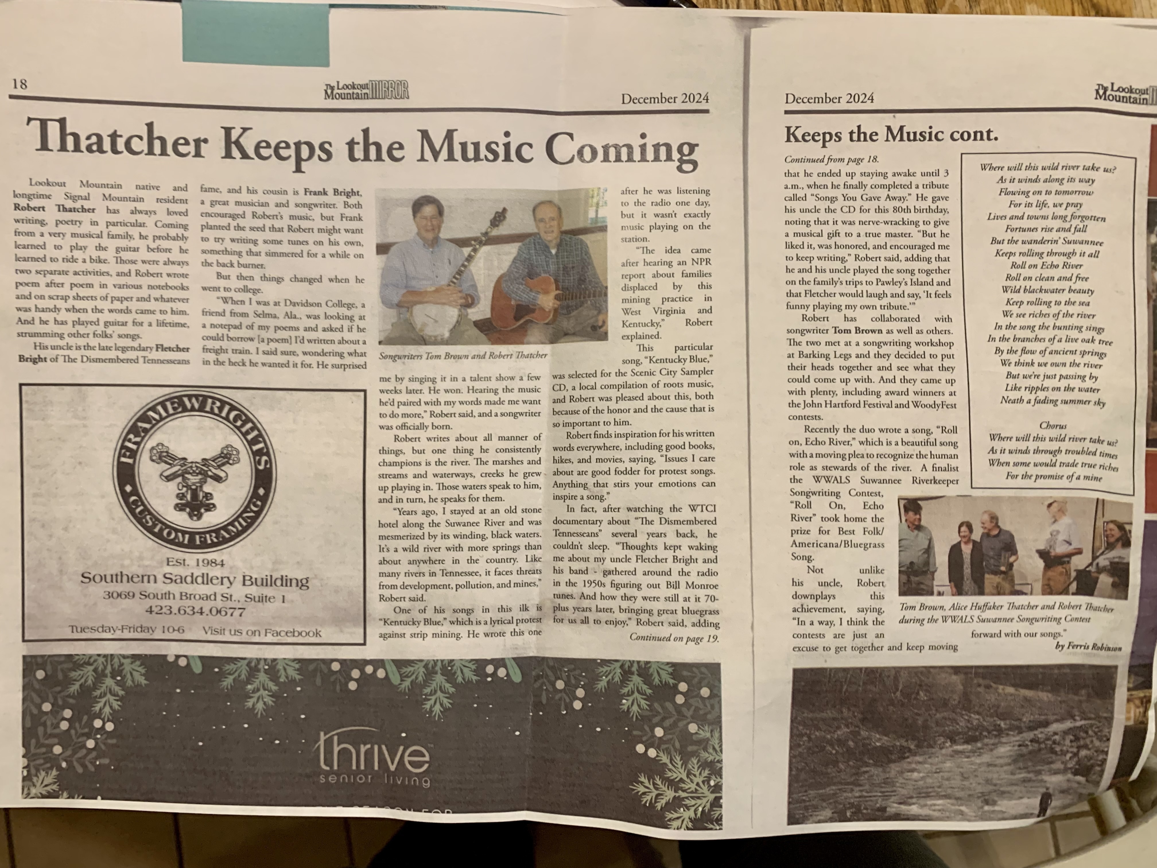 Thatcher Keeps the Music Coming, Ferris Robinson, The Lookout Mountain Mirror, December 2024, Pages 18-19