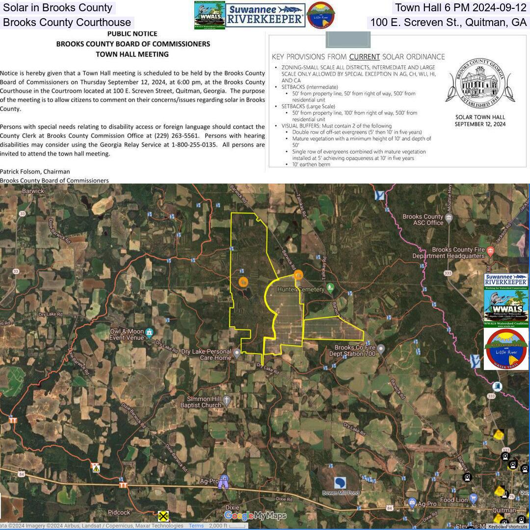 Solar in Brooks County, Town Hall 6 PM 2024-09-12, Brooks County Courthouse, 100 E. Screven St., Quitman, GA