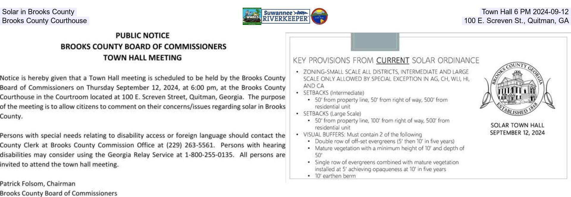 Solar in Brooks County, Town Hall 6 PM 2024-09-12, Brooks County Courthouse, 100 E. Screven St., Quitman, GA