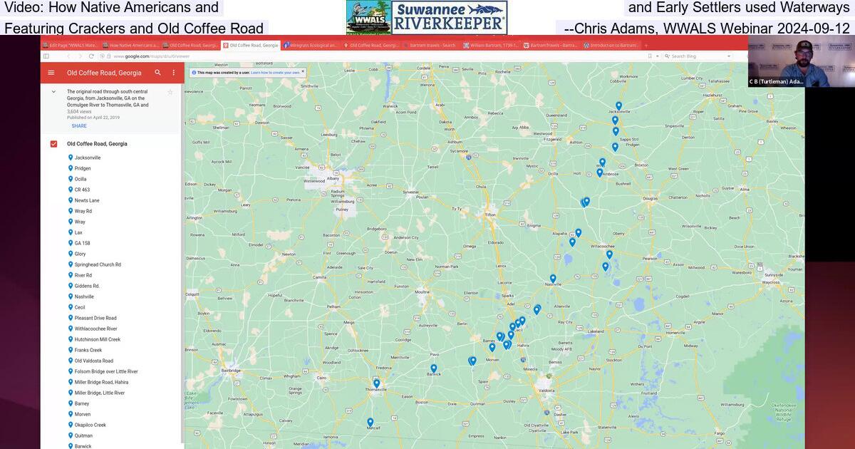 Video: How Native Americans and, and Early Settlers used Waterways, Featuring Crackers and Old Coffee Road --Chris Adams, WWALS Webinar 2024-09-12