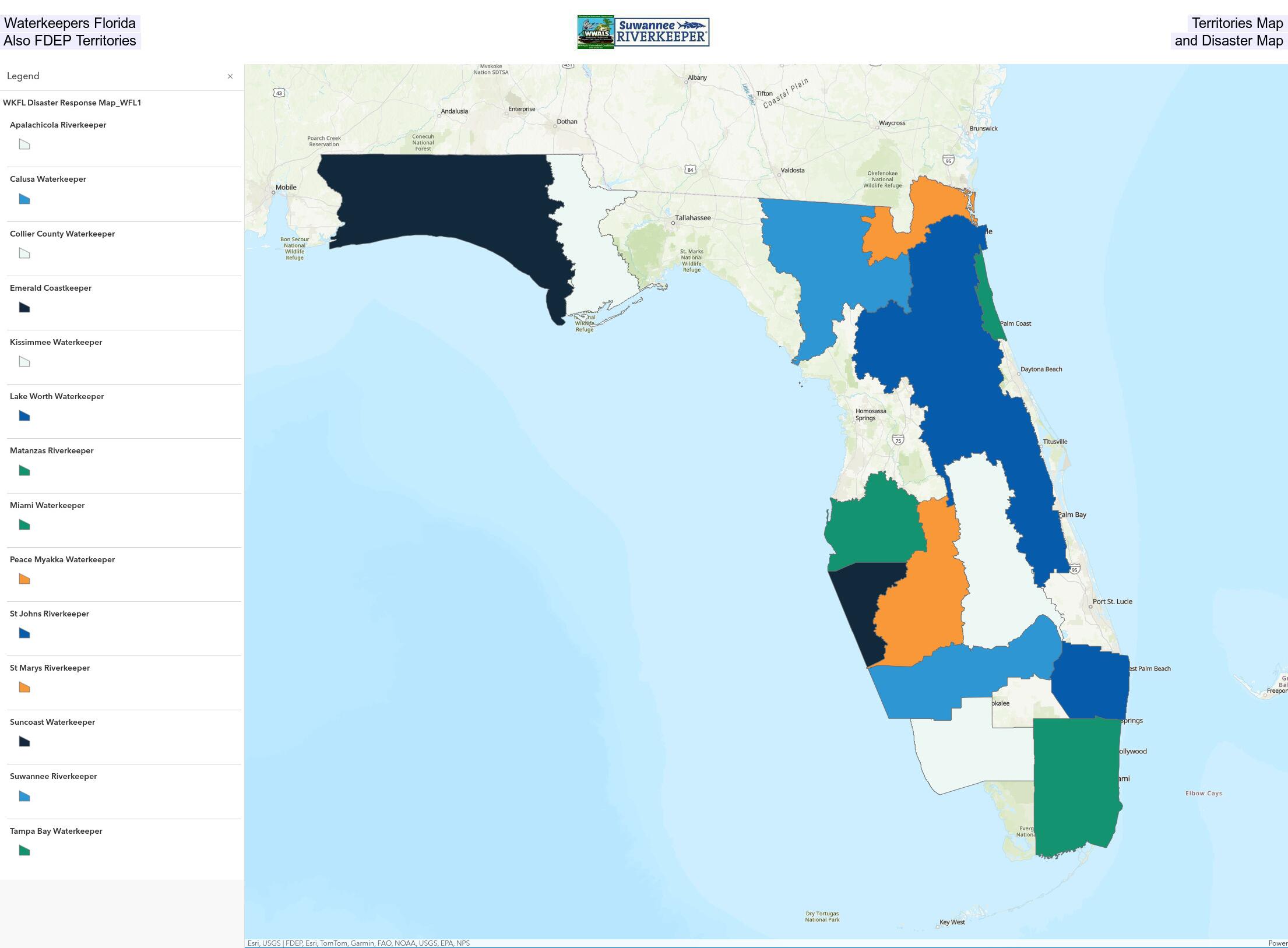 Waterkeepers Florida Territories Map plus FDEP Territories and Disaster Map