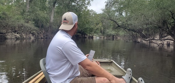 [Approaching Valdosta Withlacoochee WTP Outfall; later we hung the PFAS sampler on the tree on the right, 2024:09:14 11:06:57, 30.8371049, -83.3580960]