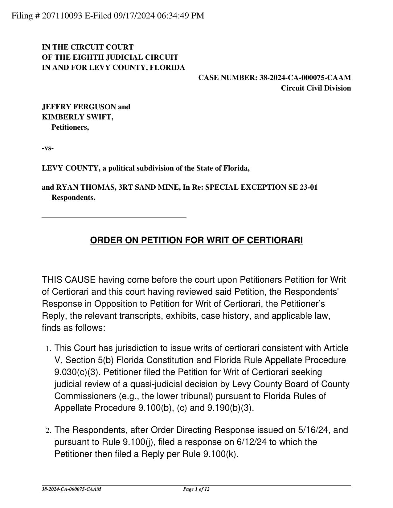 ORDER ON PETITION FOR WRIT OF CERTIORARI