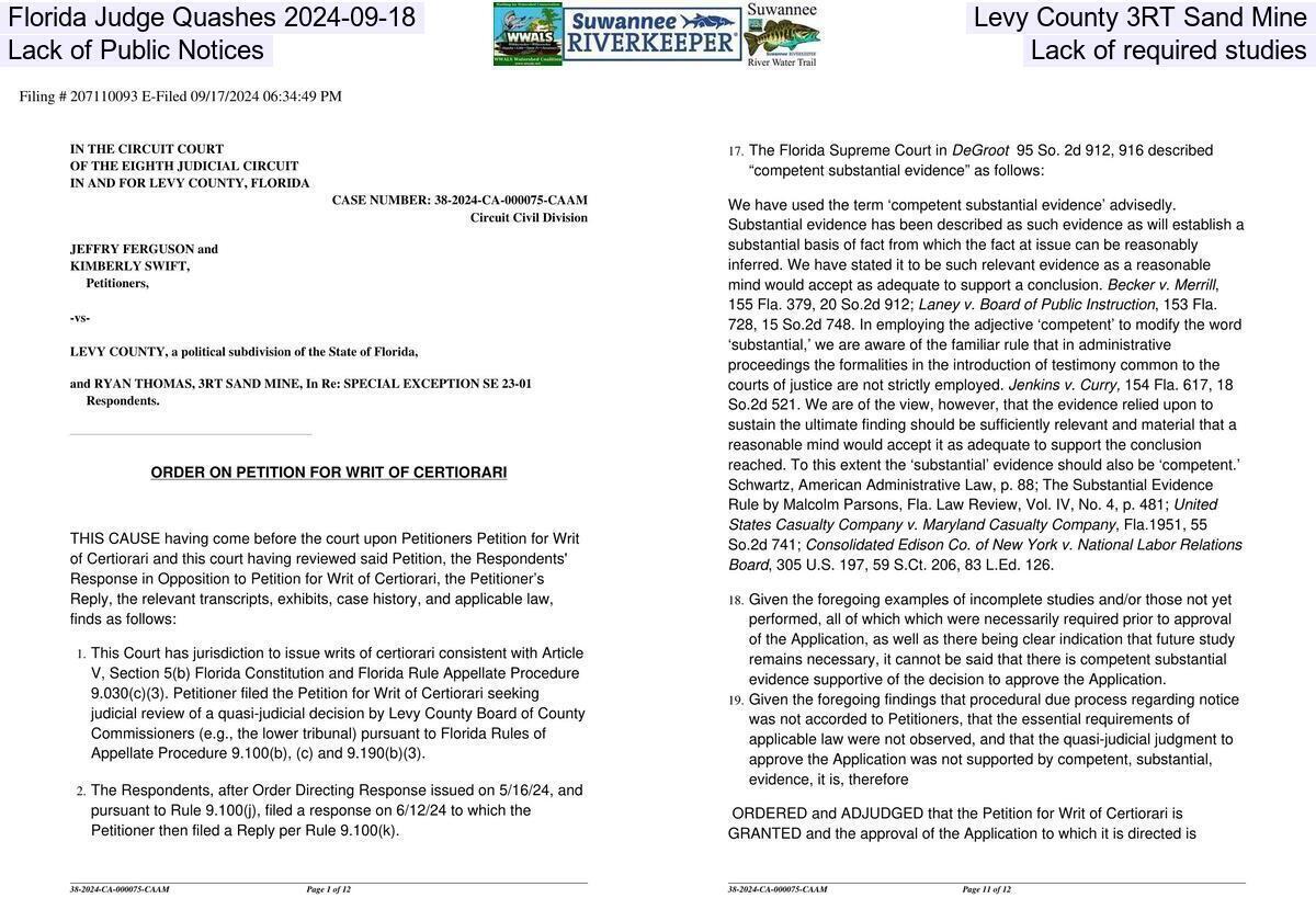 [Florida Judge Quashes 2024-09-18 Levy County 3RT Sand Mine: Lack of Public Notices & Lack of required studies]