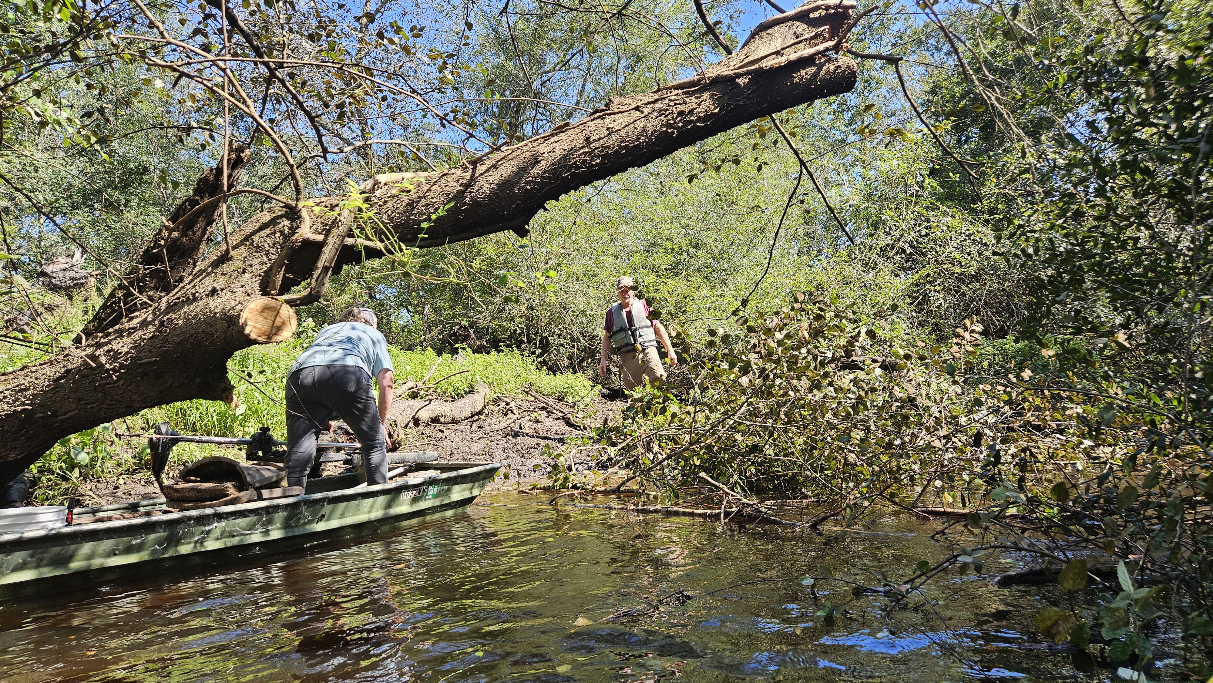 Tommy and Paris pulling branches ashore at Poley Deadfall --Darlene Eanes Ray, 11:32:29, 31.2112309, -83.5109692