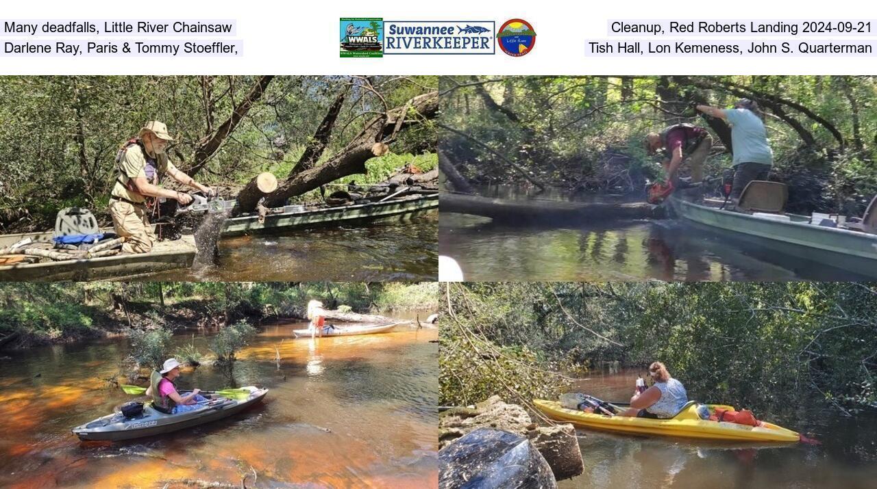 Many deadfalls, Little River Chainsaw Cleanup, Red Roberts Landing 2024-09-21 Darlene Ray, Paris & Tommy Stoeffler, Tish Hall, Lon Kemeness, John S. Quarterman