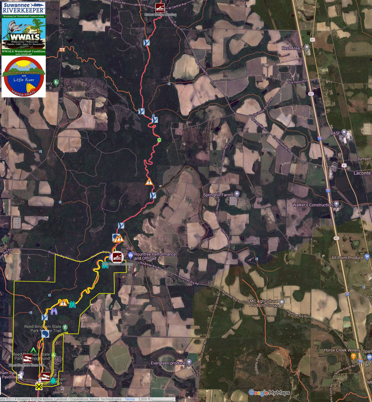 Map: Red Roberts Landing to Kinard Bridge Landing, Little River, in WLRWT