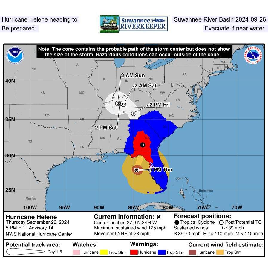 Hurricane Helene heading to Suwannee River Basin 2024-09-26. Be prepared. Evacuate if near water.