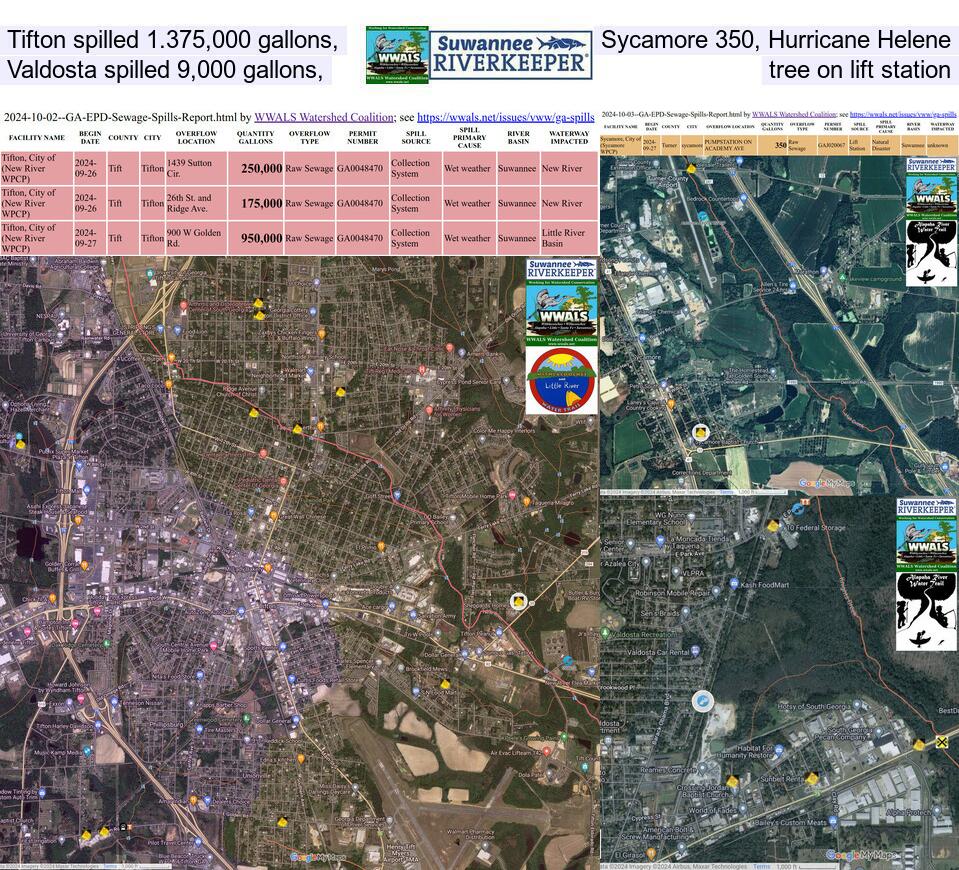 [Tifton spilled 1.375,000 gallons, Sycamore 350, during Hurricane Helene. Valdosta spilled 9,000 gallons, tree on lift station.]